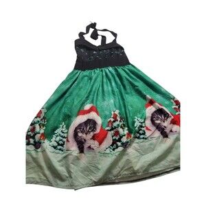 Christmas Holiday Santa Cat Dress Medium Black Halter Silky Fit & Flair C24